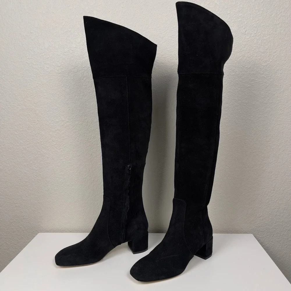 AEYDE Letizia Over the Knee‎ Boots Black Suede Square Toe Block Heel EU 37